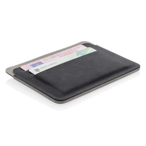 This ultra-thin, lightweight and secure RFID safe cardholder is a unique contemporary design. The RFID-blocking material protects against identity theft and electronic pickpocketing. 4 easy access card slots can hold up to 8 cards. Registered design®.  NFC (13.56 MHz) Blocking.
