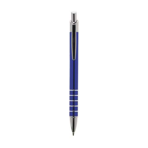 Blue ink, aluminium ballpoint pen in metallic look, with metal clip and trims.