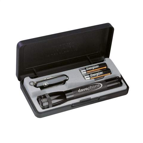Handy krypton torch from Maglite®. Meas. Ø 2.5 x 14.6 cm (100 g). In combination with an original 5-piece Victorinox pocket knife (6 functions) - a practical and enduring gift set. The torch has a krypton light bulb. Light range 96 metres. 14 Lumen. Offers up to 5.5 hours of light from just 2 batteries. Includes spare bulb and batteries. With a lifetime Maglite guarantee. Each set in a case. Please note local rules may apply regarding the possession and/or carrying of knives or multitools in public.