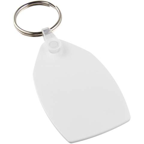 Witte rechthoekige sleutelhanger met metalen gesplitste sleutelring. De metalen lusring biedt een vlak profiel dat ideaal is voor de post.