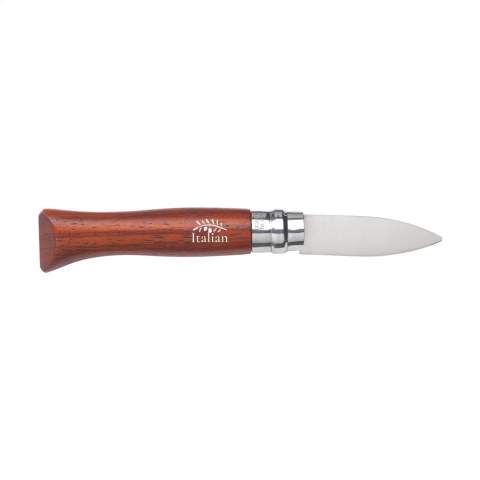 Pocket-sized oyster knife from the Opinel brand. The short, strong and pointed blade, made from stainless steel, is only sharp at the tip. Very useful for opening hollow and flat oysters. The handle is made from durable Padouk hardwood and is resistant to moisture. When opened, the knife has a length of 18 cm and is secured with a Virobloc® system lock. Includes a booklet with tips & tricks. Made in France. Please note local rules may apply regarding the possession and/or carrying of knives or multitools in public. Each item is individually boxed.