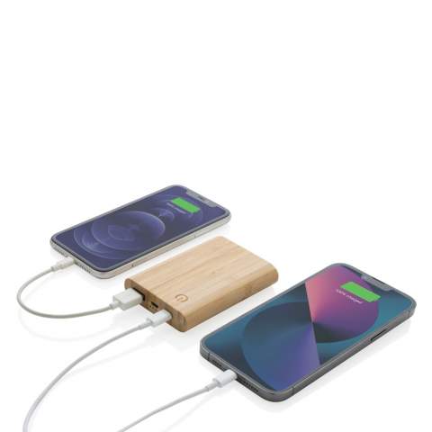 5000 mah powerbank with casing made from 100% FSC® certified bamboo; Item and accessories 100% PVC free. Packed in FSC® mix packaging. The powerbank contains a long lasting grade A 5.000 mAh lithium polymer battery. The power indicators will indicate the remaining energy level so you always know when to re-charge. Input micro and Type-C, DC5V/2A; Output USB-A, micro USB and Type-C DC5V/2A; Including PVC free recycled TPE material charging cable.<br /><br />PowerbankCapacity: 5000<br />PVC free: true