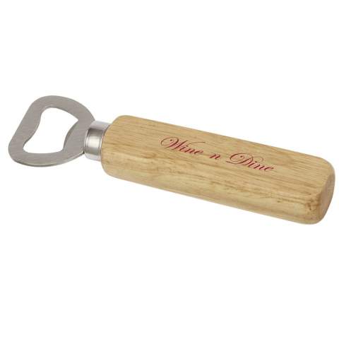 Bottle opener made of stainless steel with wooden surface.