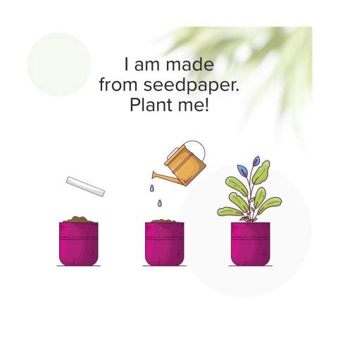WoW! Une lanière en papier ensemencé 100% recyclé et recyclable. Peut être planté pour faire pousser des fleurs après utilisation. Avec un mousqueton en métal. Incl. l'impression en couleur sur 1 côté. La solution idéale pour contrôler l'accès aux événements et festivals. Promotionnel et fonctionnel. Un mélange de graines de fleurs est collé entre deux couches de vieux papiers recyclés (40 g/m²). Lorsque l'événement est terminé, vous pouvez planter la lanière biodégradable (sans le mousqueton) et voir les graines pousser en fleurs.  Le mélange de fleurs des champs se compose de : Feverfew (Grande Camomille) – Veilweed – Snapdragon (Muflier) – Crooked Flower – Silver Shield (Plectranthus argentatus) – Mexican (Dahlia) – Petunia – Salvia – Summer Azalea (Rhododendron) – Ice Flower. Un cadeau écologique qui contribue également au maintien d'une population d'abeilles en bonne santé.