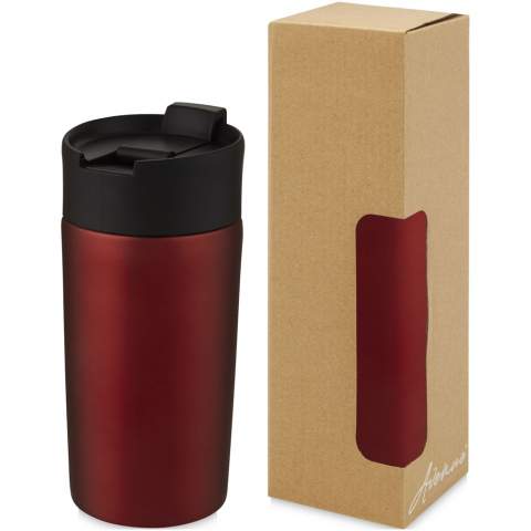 Double-walled copper vacuum insulated tumbler with one-hand operation lid for easy drinking while driving or multitasking. The insulated 18/8 stainless steel keeps drinks hot or cold for several hours. BPA-free and tested and approved under German Food Safe Legislation (LFGB), and tested for phthalates content according to REACH regulations. The tumbler fits most coffee machines and car cup holders. Volume capacity is 330 ml. Hand wash recommended. Presented in a recycled cardboard gift box. 