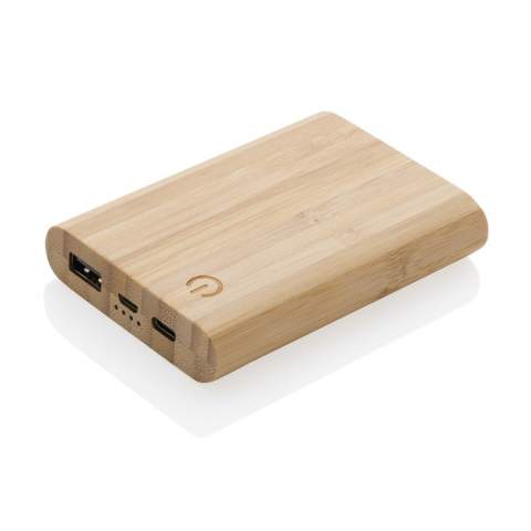 5000 mah powerbank with casing made from 100% FSC® certified bamboo; Item and accessories 100% PVC free. Packed in FSC® mix packaging. The powerbank contains a long lasting grade A 5.000 mAh lithium polymer battery. The power indicators will indicate the remaining energy level so you always know when to re-charge. Input micro and Type-C, DC5V/2A; Output USB-A, micro USB and Type-C DC5V/2A; Including PVC free recycled TPE material charging cable.<br /><br />PowerbankCapacity: 5000<br />PVC free: true