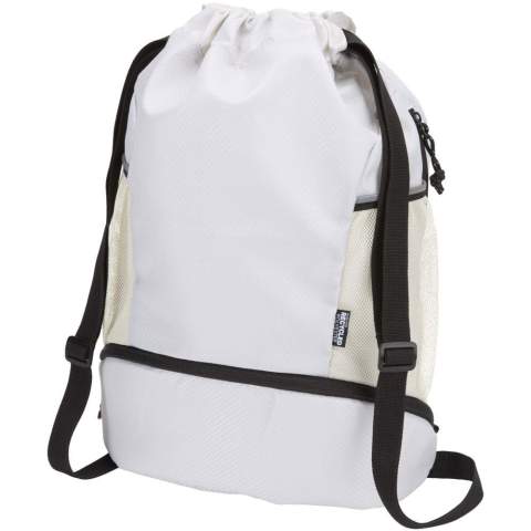 The Nomad sports drawstring bag is made from GRS certified recycled ripstop fabric with a water-repellent finish, GRS certified RPET lining, and reflective elements. It is designed for people with an active lifestyle and is suitable for daily exercise and sports activities. The bag has a spacious main compartment that can hold clothing, a towel, or even a basketball. A separate bottom compartment keeps shoes or used clothes apart from other items. It also includes two side mesh pockets with reflective details, one hidden zipped pocket for valuables, and adjustable webbing shoulder straps for comfortable carrying.