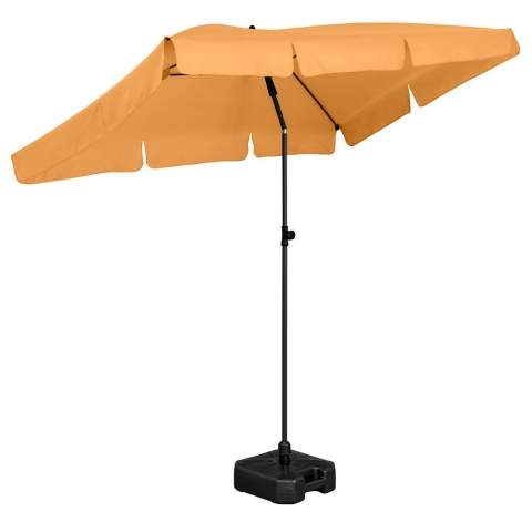 Moderner, rechteckiger Sonnenschirm mit Gestell in Titanoptik, Kippmechanismus und Volant