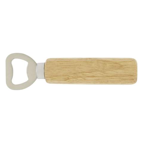 Bottle opener made of stainless steel with wooden surface.