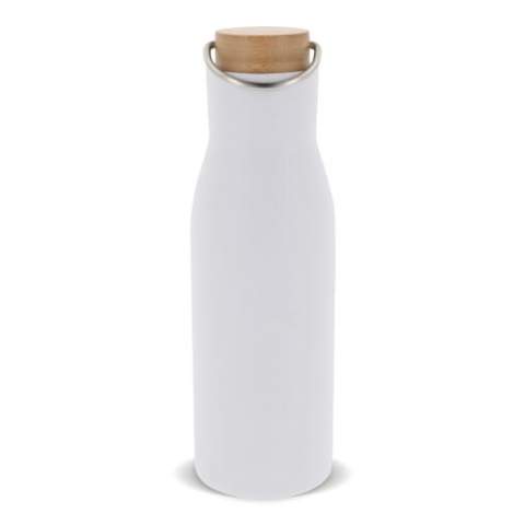A double-walled vacuum insulated bottle with wooden lid and matte coating to give it a modern look and feel.