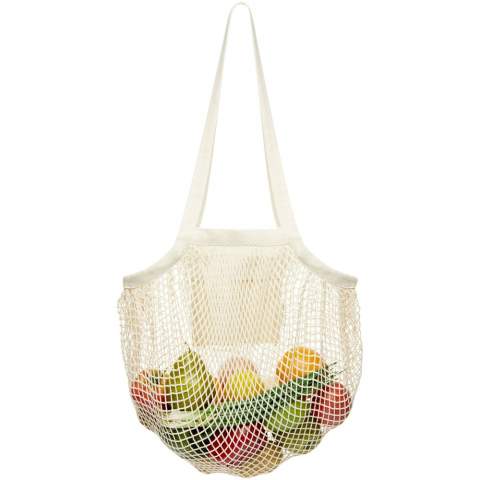 Sustainable GOTS certified organic cotton tote bag with large open main compartment. Features two handles with a dropdown height of 32 cm. Resistance up to 10 kg weight.