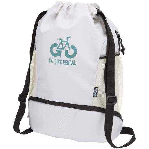 The Nomad sports drawstring bag is made from GRS certified recycled ripstop fabric with a water-repellent finish, GRS certified RPET lining, and reflective elements. It is designed for people with an active lifestyle and is suitable for daily exercise and sports activities. The bag has a spacious main compartment that can hold clothing, a towel, or even a basketball. A separate bottom compartment keeps shoes or used clothes apart from other items. It also includes two side mesh pockets with reflective details, one hidden zipped pocket for valuables, and adjustable webbing shoulder straps for comfortable carrying.