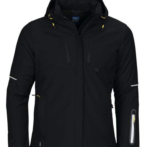 • functionele drielagige softshell voor dames<br />• gewatteerde voering<br />• wind- en waterafstotend<br />• afneembare en verstelbare capuchon<br />• twee schuinlopende, verticale borstzakken, de linker met telefoonzakje<br />• twee zijzakken met ritssluiting<br />• mouwzakje met ritssluiting<br />• ventilatiegaten met ritssluiting onder de armen<br />• verlengd rugpand<br />• reflecterende biezen op de mouwen en rug<br />• met fleece gevoerde kraag en zijzakken<br />• aanpasbare taille met trekkoord<br />• aanpasbare manchetten met velcro<br />• WP 8000, MVP 8000