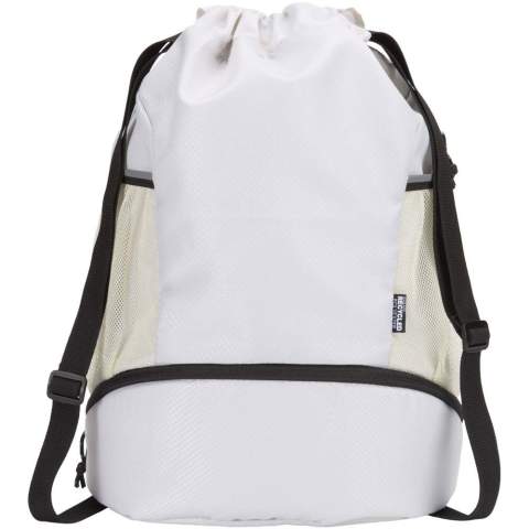 The Nomad sports drawstring bag is made from GRS certified recycled ripstop fabric with a water-repellent finish, GRS certified RPET lining, and reflective elements. It is designed for people with an active lifestyle and is suitable for daily exercise and sports activities. The bag has a spacious main compartment that can hold clothing, a towel, or even a basketball. A separate bottom compartment keeps shoes or used clothes apart from other items. It also includes two side mesh pockets with reflective details, one hidden zipped pocket for valuables, and adjustable webbing shoulder straps for comfortable carrying.