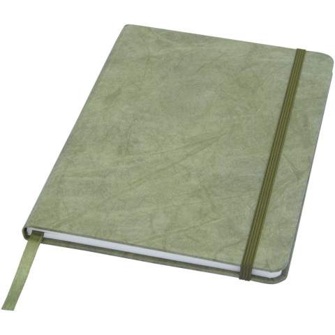 A5 size tear resistant notebook with inner pages made from stone. Stone paper is 100% tree free and the production process uses less energy compared to recycled or new pulp paper. It's water resistant so liquids spilled can easily be wiped off. Features a colour matching ribbon marker and elastic band and 60 sheets 120 g/m² lined stone paper. Packed in a cardboard sleeve.