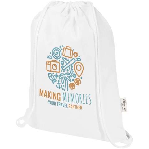 Le sac avec cordon de serrage Oregon Blend, fabriqué à partir de 60 % de coton recyclé certifié GRS et de 40 % de RPET certifié GRS, est le cadeau idéal à distribuer pour promouvoir votre marque ou votre campagne marketing. Ce sac léger est peu coûteux, facile à porter sur le dos ou sur l'épaule et offre suffisamment d'espace pour ajouter un logo, slogan ou autre message. Le cordon de serrage permet de l'ouvrir et de le fermer facilement, et le coton de 140 g/m² est solide et durable. Grand compartiment principal avec fermeture à cordon en coton. Les méthodes d'impression disponibles pour ce sac shopping sont également certifiées GRS, ce qui garantit que l'ensemble de la chaîne d'approvisionnement est transparente et certifiée. Fabriqué en Inde. Capacité de charge maximale de 5 kg. Capacité : 5 litres.