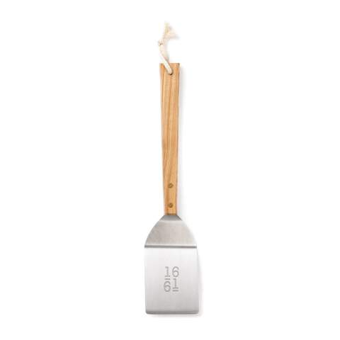 A solid stainless steel spatula, perfect for frying fish or pizza. Ash wood handle.