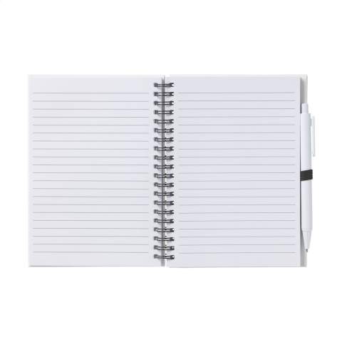 Notebook with approx. 70 sheets of white lined paper and cardboard coloured cover. Bound in a strong, spiral bound. Includes matching, blue ink ballpoint pen.