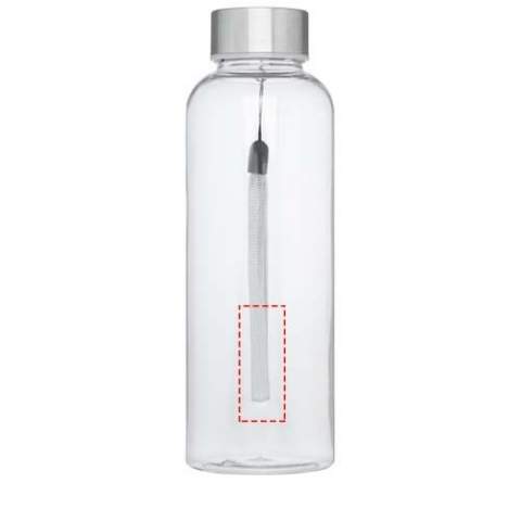 Single-walled water bottle in durable material with screw-on lid. Shatter, stain, and odour resistant. Lid features a strap for easy carrying. BPA free. Volume capacity is 500 ml. 
