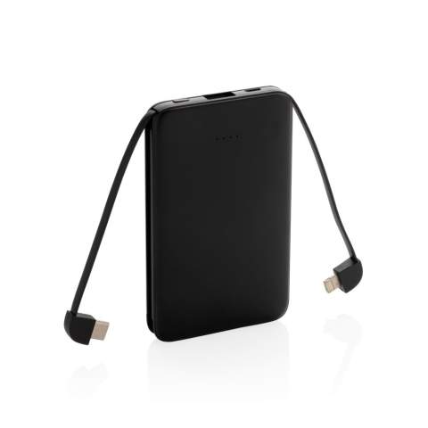 Compacte en platte 5.000 mAh powerbank gemaakt van ABS die gemakkelijk overal mee naartoe te nemen is. Met de 3 in 1 geïntegreerde TPE-kabels is de powerbank compatibel met alle mobiele apparaten die op de markt zijn en direct klaar voor gebruik. Als deze volledig is opgeladen, beschikt u over voldoende energie om uw mobiele telefoon maximaal drie keer op te laden. De powerbank bevat een 5.000 mAh grade-A high density lithiumpolymeerbatterij met een lange levensduur. De lichtindicators geven het resterende energieniveau aan, zodat u altijd weet wanneer u het apparaat opnieuw moet opladen. Input 5V/2A Output 5V/2A.<br /><br />PowerbankCapacity: 5000