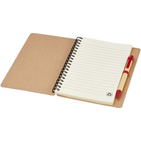 Notitieboek met omslag van gerecycled papier met 60 vellen gerecycled lijntjespapier en bijpassende pen. Notitieboek en pen samen verpakt.