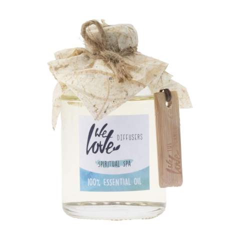 The Spiritual Spa Diffuser from the 'We Love The Planet' brand consists of several different 100% essential oils, that when mixed together, provide the most intense fragrance experience. Spiritual Spa is a popular fragrance. This relaxing and refreshing fragrance oil has a neutralising effect that combines eucalyptus, mint, lavender and rosemary, tea tree and basil. Having this scent in your home replicates the sense of being in a sauna. With just 2-3 sticks, these diffusers can last between 7 and 9 weeks with normal use. This set consists of a bottle with a capacity of 50 ml of fragrance oil and 2 bunches of small kajute sticks. The oil contains no synthetic fragrances, alcohol or solvents. Each set is supplied in a recycled kraft gift box with a sleeve.  The wooden fragrance sticks are made from washed and dried reed, called Sida Rhombifolia Linn. These kajute sticks are picked by hand, and they grow like weeds in the wild. These sticks are extremely important in the scent experience. Due to being hollow inside, they load and disperse the scent far better than 'normal' fragrance sticks.
