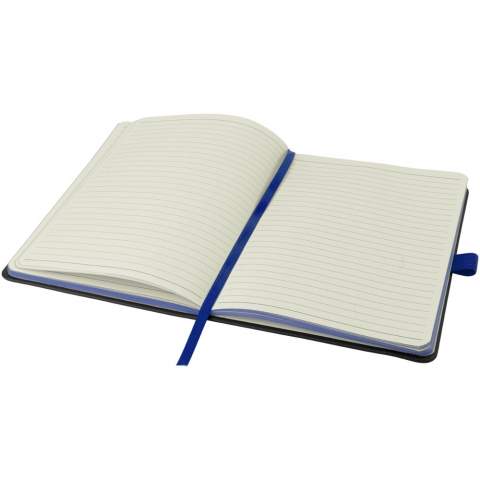 A5 bound notebook of 80 sheets of beige lined paper (70 gm2) with ribbon and elastic closure.