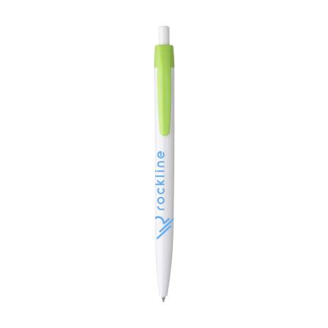 Stylo à bille monopièce à encre bleue et corps blanc. Ce stylo dispose d'un clip coloré qui se remarque au premier coup d oeil, avec une grande surface d'impression, qui permet d'optimiser l'espace réservé au marquage.
