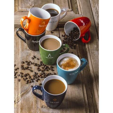 Tall, high quality ceramic mug. Capacity 310 ml. Dishwasher safe. The imprint is dishwasher tested and certified: EN 12875-2.