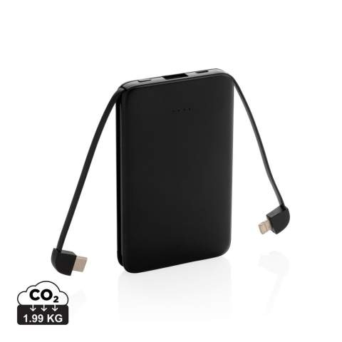 Compacte en platte 5.000 mAh powerbank gemaakt van ABS die gemakkelijk overal mee naartoe te nemen is. Met de 3 in 1 geïntegreerde TPE-kabels is de powerbank compatibel met alle mobiele apparaten die op de markt zijn en direct klaar voor gebruik. Als deze volledig is opgeladen, beschikt u over voldoende energie om uw mobiele telefoon maximaal drie keer op te laden. De powerbank bevat een 5.000 mAh grade-A high density lithiumpolymeerbatterij met een lange levensduur. De lichtindicators geven het resterende energieniveau aan, zodat u altijd weet wanneer u het apparaat opnieuw moet opladen. Input 5V/2A Output 5V/2A.<br /><br />PowerbankCapacity: 5000