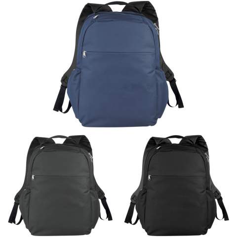 Large double zipped main compartment with padded laptop sleeve that can hold up most 15" laptop. Four additional zipped organizational pockets for all your technology essentials. Two side zipped compartments ideal for cables, chargers, etc. Large zipped front pocket. Top zipped pocket for quick access. Padded back panel. Double padded adjustable shoulder straps. Top carry handle. Accessories not included.