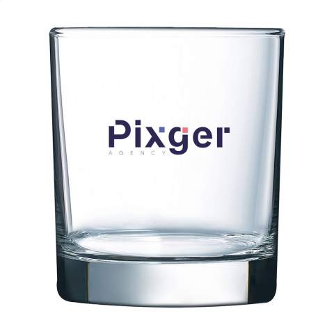 Versatile drinking glass made from high-quality materials. A striking design with practical solid base. Suitable for serving water, juices, whiskey or other alcoholic drinks. Capacity 300 ml.
