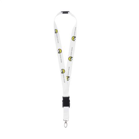 Lanyard van sterk geweven polyester met metalen karabijnhaak en veiligheidssluiting. Het onderste gedeelte is los te koppelen d.m.v. een kunststof kliksysteem.