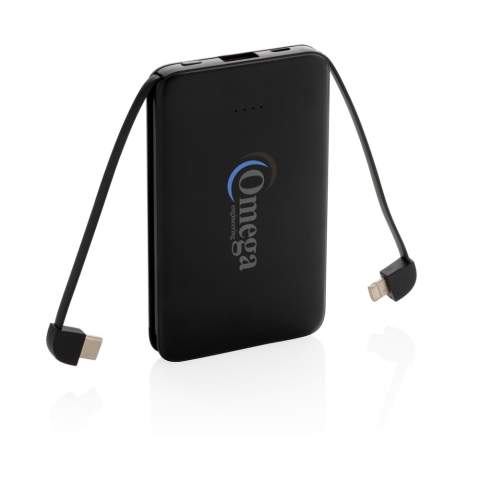 Compacte en platte 5.000 mAh powerbank gemaakt van ABS die gemakkelijk overal mee naartoe te nemen is. Met de 3 in 1 geïntegreerde TPE-kabels is de powerbank compatibel met alle mobiele apparaten die op de markt zijn en direct klaar voor gebruik. Als deze volledig is opgeladen, beschikt u over voldoende energie om uw mobiele telefoon maximaal drie keer op te laden. De powerbank bevat een 5.000 mAh grade-A high density lithiumpolymeerbatterij met een lange levensduur. De lichtindicators geven het resterende energieniveau aan, zodat u altijd weet wanneer u het apparaat opnieuw moet opladen. Input 5V/2A Output 5V/2A.<br /><br />PowerbankCapacity: 5000
