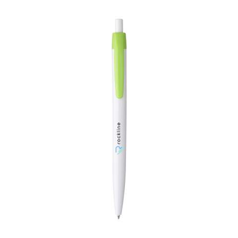 Stylo à bille monopièce à encre bleue et corps blanc. Ce stylo dispose d'un clip coloré qui se remarque au premier coup d oeil, avec une grande surface d'impression, qui permet d'optimiser l'espace réservé au marquage.