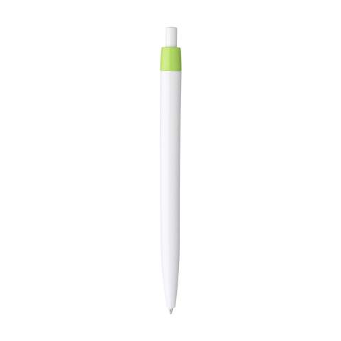 Stylo à bille monopièce à encre bleue et corps blanc. Ce stylo dispose d'un clip coloré qui se remarque au premier coup d oeil, avec une grande surface d'impression, qui permet d'optimiser l'espace réservé au marquage.