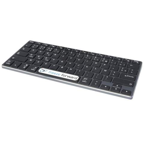 Lightweight yet durable and stylish keyboard (AZERTY layout with 78 keys) with aluminium housing. The keyboard supports Bluetooth® 4.0 for a stable connection and low power consumption, and is compatible with PC/laptop, tablets, mobile phones, smart TVs and other devices with Bluetooth® function. The operating distance is up to 10 meters, and the keyboard has a 350mAh built-in and rechargable battery. Delivered in a premium kraft box with a colourful sticker.