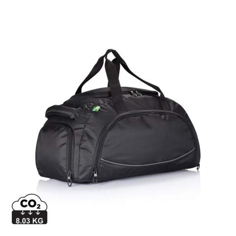 600D ripstop, zippered front pocket with organisers inside, side pocket, shoe pocket, webbing handles and shoulder strap, 4 stand feet on base, PVC free.<br /><br />PVC free: true