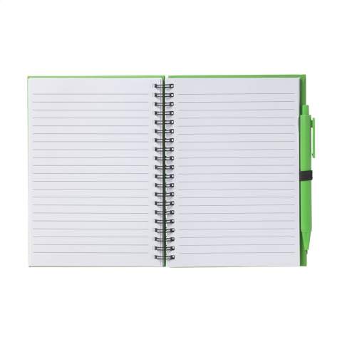 Notebook with approx. 70 sheets/140 pages of white lined paper (70 g/m²) and cardboard coloured cover. Bound in a strong, spiral bound. Includes matching, blue ink ballpoint pen.