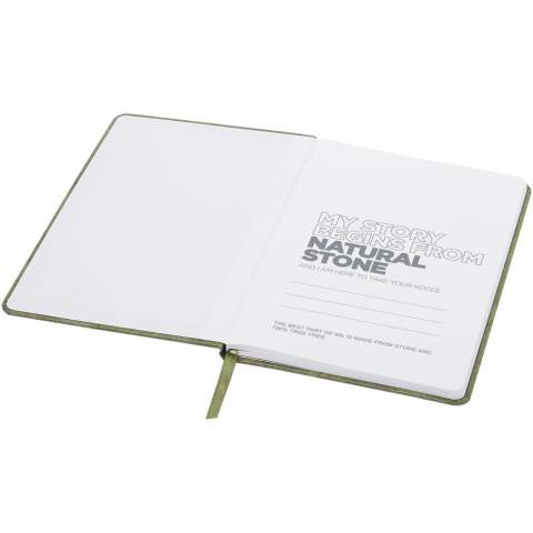 A5 size tear resistant notebook with inner pages made from stone. Stone paper is 100% tree free and the production process uses less energy compared to recycled or new pulp paper. It's water resistant so liquids spilled can easily be wiped off. Features a colour matching ribbon marker and elastic band and 60 sheets 120 g/m² lined stone paper. Packed in a cardboard sleeve.