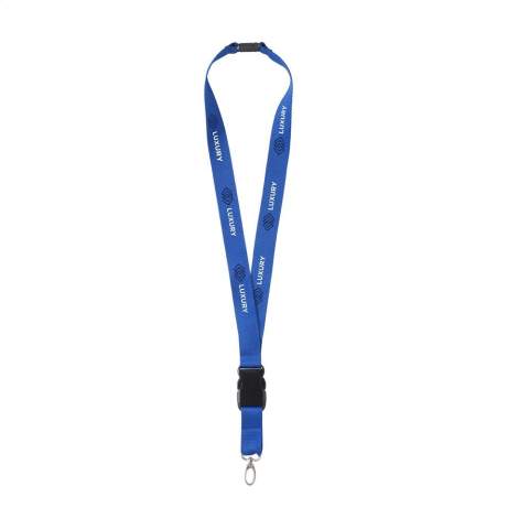 Lanyard van sterk geweven polyester met metalen karabijnhaak en veiligheidssluiting. Het onderste gedeelte is los te koppelen d.m.v. een kunststof kliksysteem.