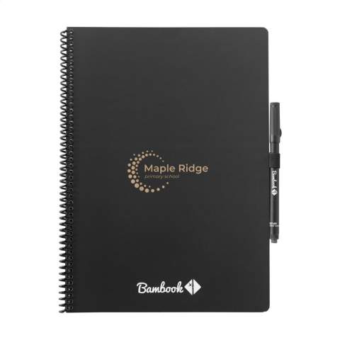 Cahier effaçable de Bambook Classic Original au format A4. Avec une couverture solide et pliable en carton certifié FSC imprimé d'un subtil motif de bambou et 20 feuilles/40 pages de papier ligné effaçable. Écrivez avec le marqueur spécial sur les pages du tableau blanc, scannez vos notes avec l'application Bambook et essuyez vos pages pour les réutiliser avec un chiffon humide. Avec reliure en spirale et boucle pour stylo. Comprend un stylo avec une gomme. Le carnet est fait à la main. Fabriqué en Hollande.