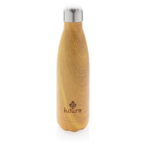 This sleek looking leakproof vacuum insulated stainless steel water bottle will keep you hydrated on the go wherever you are. The all over wood print on the body makes the bottle a real eye catcher. The bottle keeps chilled beverages cold for up to 15 hours and hot drinks warm for up to 5 hours. Capacity 500ml. BPA free.