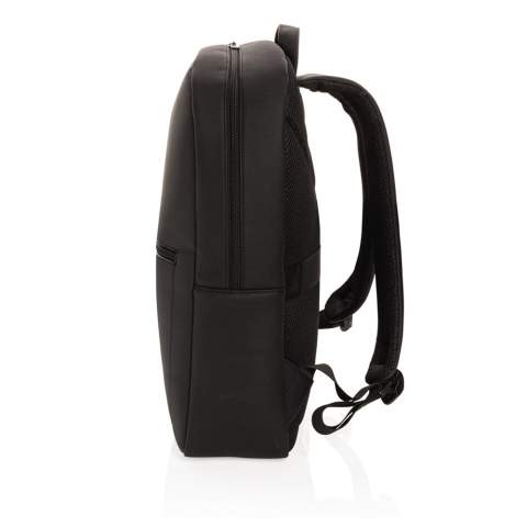Take your commuting style up a notch with this structured backpack made with soft PU in a clean and sleek style with tonal zippers. The backpack features a top zip closure, top carrying handle, adjustable shoulder straps, external zip pocket, interior zip pocket, luggage strap and a 15.6 inch laptop pocket. Exterior 100% PU, interior 100% 210D polyester. PVC free.<br /><br />FitsLaptopTabletSizeInches: 15.6<br />PVC free: true