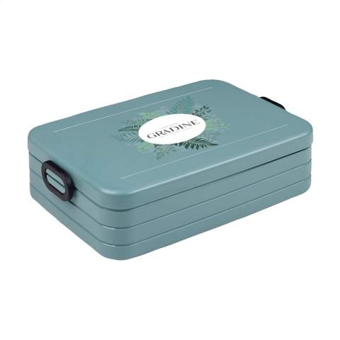 Bento lunch box from Mepal. This lunch box has two separate compartments, as well as an extra box with a fork. This lunch box is robust in design with a close-fitting lid. The lid is fitted with a sealing ring ensuring that the contents remain fresh for a long period of time. The bento containers in the lunch box can be used in the microwave, without the lid. A very high-quality product, this lunch box has a capacity of 1.5ltrs and is suitable for storing up to 8 sandwiches. BPA Free and Food Approved, with a 2-year Mepal factory warranty. Made in Holland.   STOCK INFORMATION: Up to 1,000 pieces available within 10 working days. Reservations and exceptions apply.