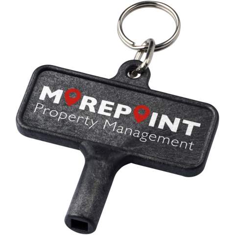 Utility key with keychain for items such as radiators, meterboxes, street poles. The dimensions for the opening is a square shape with 5 mm edges.