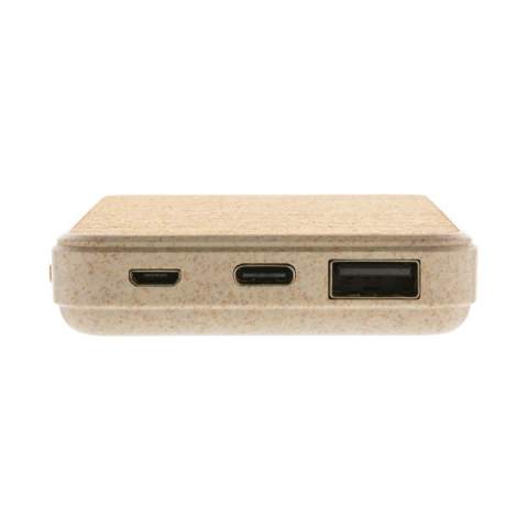 5000 mah pocket size powerbank. The top side is made from natural cork and the casing is made from 35% wheat straw mixed with ABS. When fully charged it will provide you with enough energy to re-charge your mobile phone up to three times. The powerbank contains a long-lasting grade A 5.000 mAh high density lithium polymer battery. The power indicators will indicate the remaining energy level so you always know when to re-charge. Type-C input 5V/2A Micro USB Input 5V/2A. Output 5V/2A<br /><br />PowerbankCapacity: 5000<br />PVC free: true