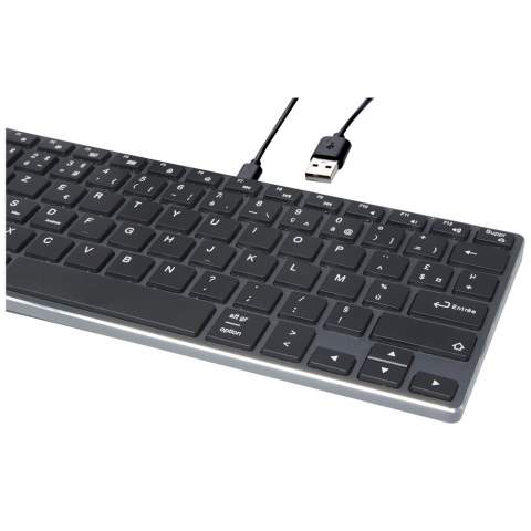 Lightweight yet durable and stylish keyboard (AZERTY layout with 78 keys) with aluminium housing. The keyboard supports Bluetooth® 4.0 for a stable connection and low power consumption, and is compatible with PC/laptop, tablets, mobile phones, smart TVs and other devices with Bluetooth® function. The operating distance is up to 10 meters, and the keyboard has a 350mAh built-in and rechargable battery. Delivered in a premium kraft box with a colourful sticker.