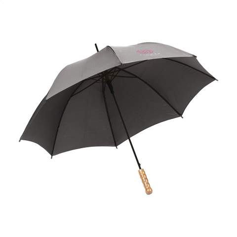 Parapluie avec ouverture automatique, toile en polyester 190T, cadre et manche en métal, poignée en bois et fermeture par bande auto-agrippante.