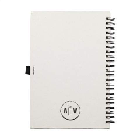 WoW! Durable A5 notebook with a cover made from recycled milk cartons (up to 70%). With 70 sheets of cream-coloured, lined paper (80 g/m²), a handy pen loop, elastic closure and a reading ribbon. Bound in a strong wire-o-binding.  The milk cartons consist of aluminum, paper and plastic. These materials are separated from each other and the leftover paper is used to make the cover of this notebook.
